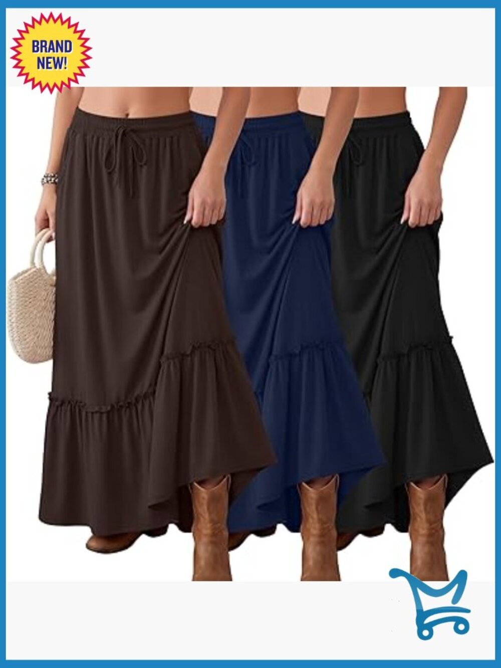 3 Pack Boho Maxi Skirts Tiered Ruffle High Waist Drawstring Pockets Flowy Long
